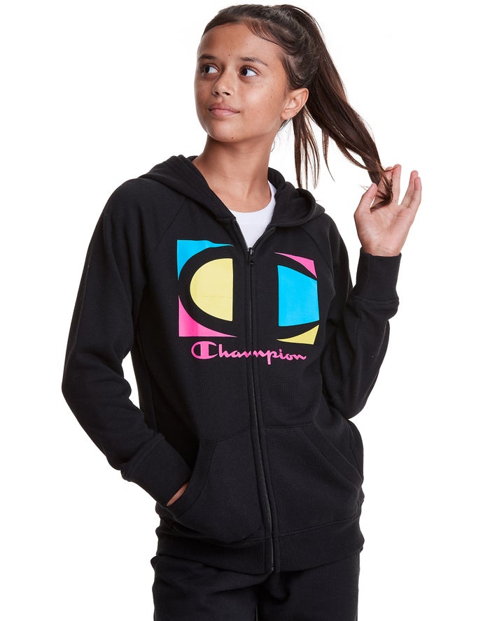 Champion Full Zip Colorblock C Logo - Tytön Mustat Huppari - Suomi 4967205-PE